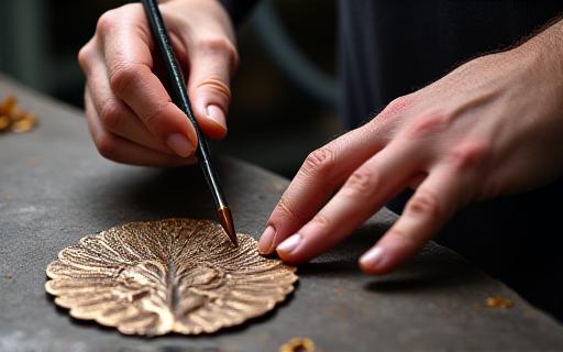 A craftsman applying a bronze patina to a finished metal leaf.